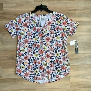 hasting & smith floral print pullover top white w flowers pattern PM M petite